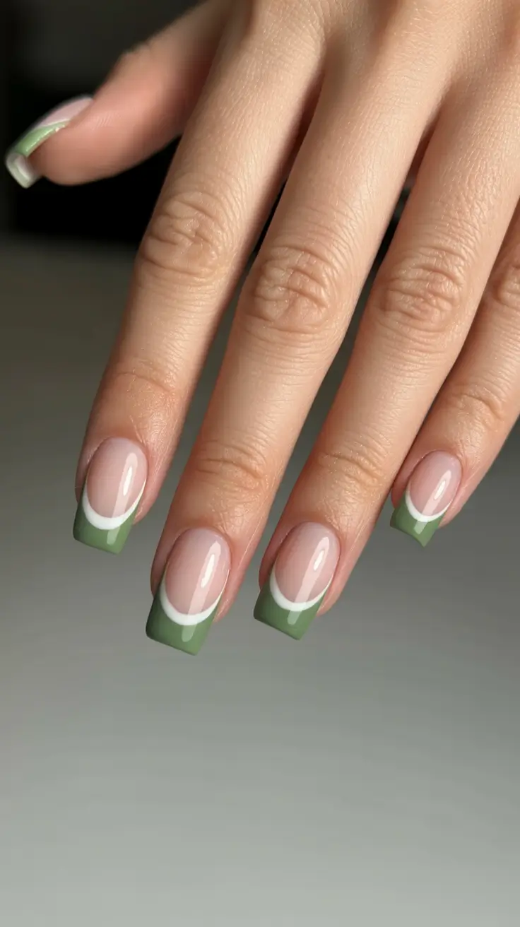 Cute Green Christmas Nails 2025 Sage French Chic