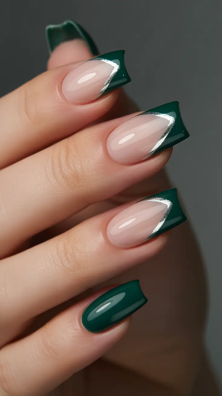 Cute Green Christmas Nails 2025 Silver-Tipped Perfection