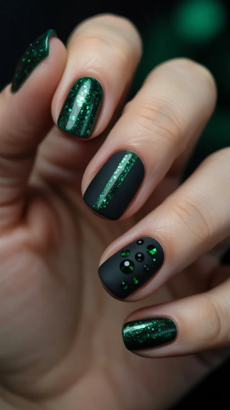 Cute Green Christmas Nails 2025 Midnight Sparkle Matte