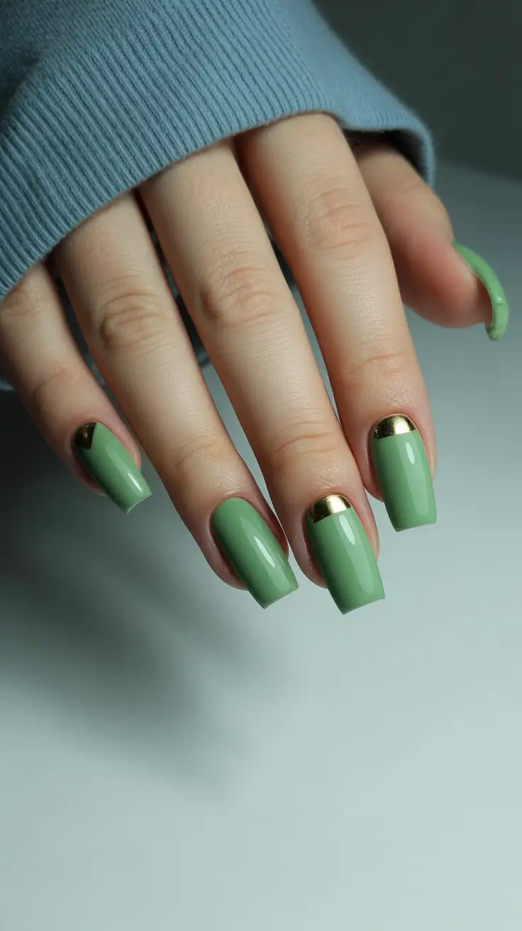 Cute Green Christmas Nails 2025 Golden Sage Moons