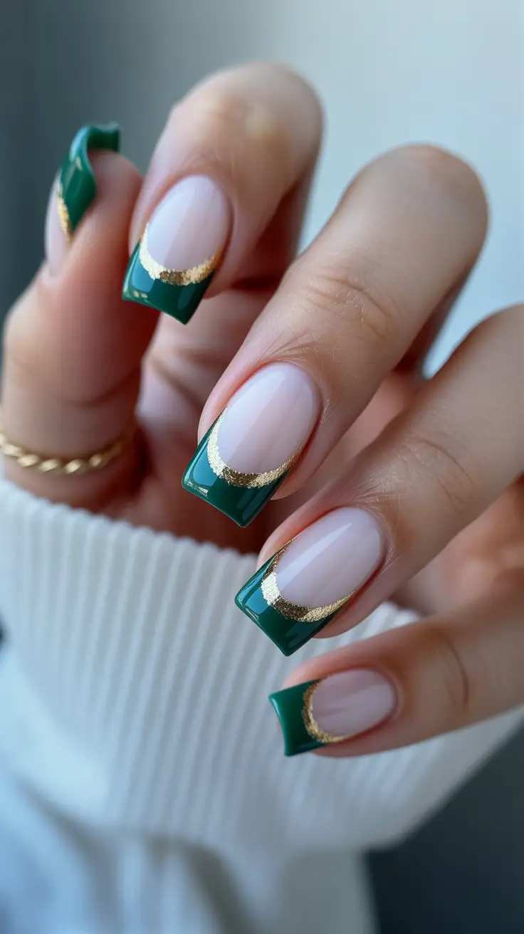 Cute Green Christmas Nails 2025 French Tips with a Golden Twist