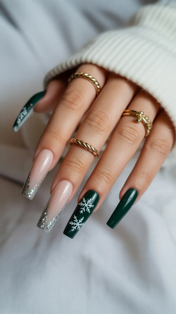 Cute Green Christmas Nails 2025 Snowflake Elegance