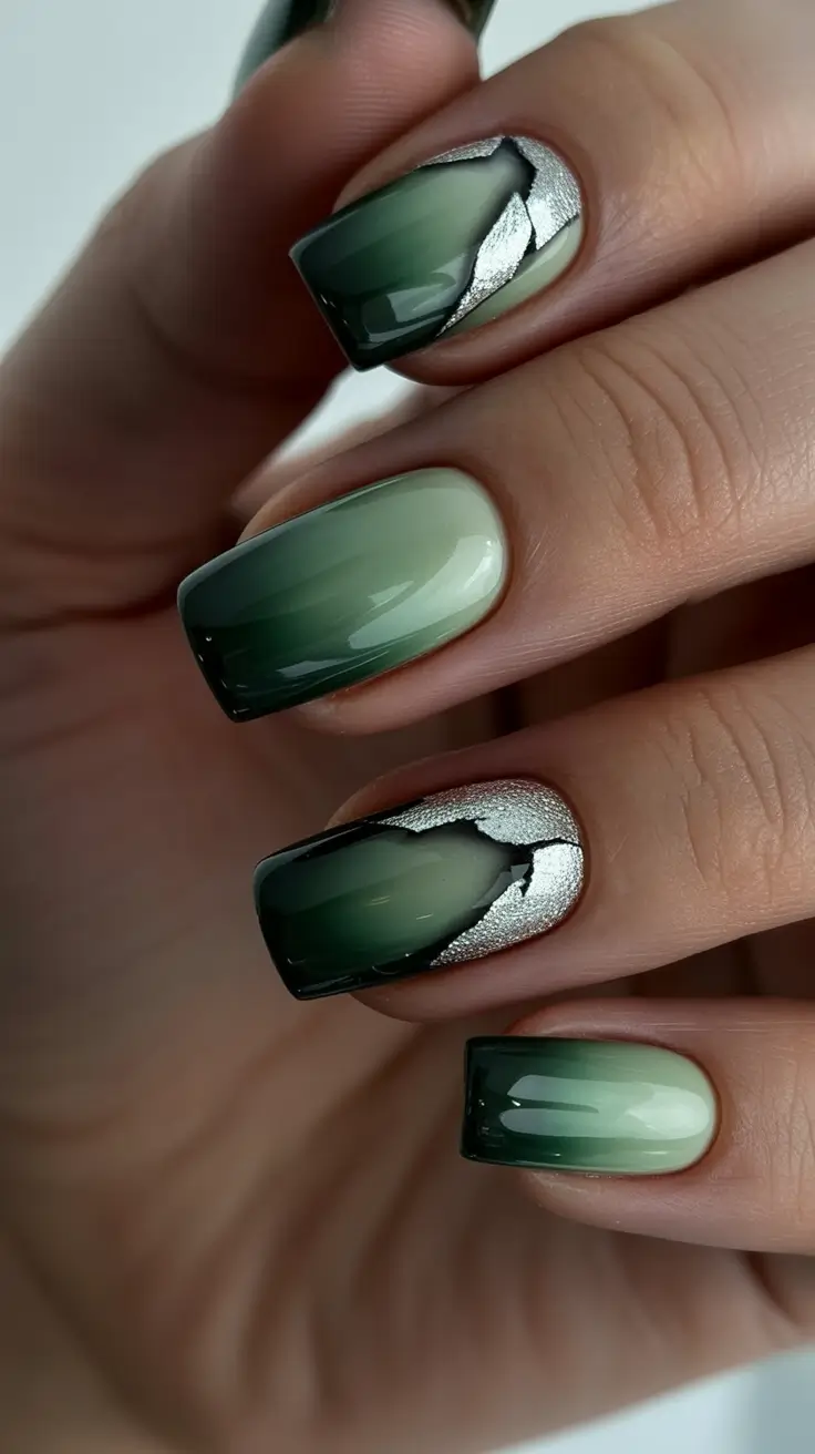 Cute Green Christmas Nails 2025 Smoky Ombre in Forest and Silver