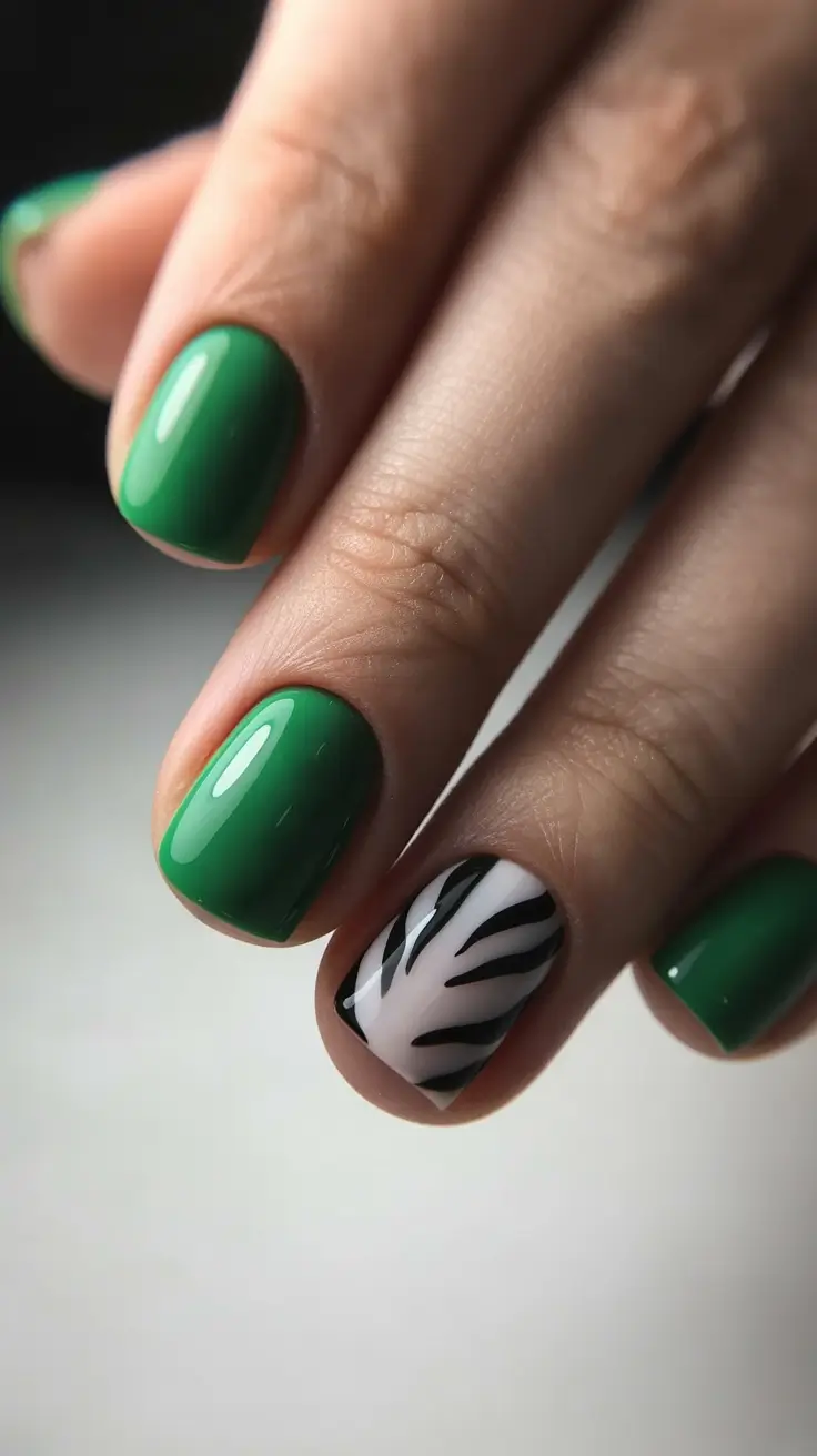Cute Green Christmas Nails 2025 Minimalist Green with a Zebra Accent