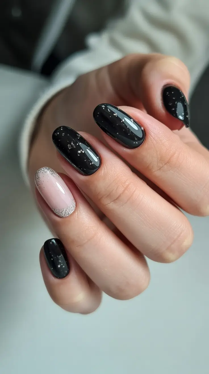 Cute Simple Nail Ideas for Christmas 2025 Galaxy Sparkle & Nude Accent