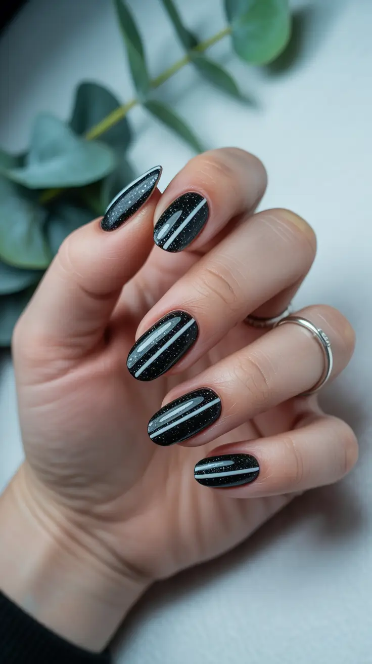 Cute Simple Nail Ideas for Christmas 2025 Midnight Starlight Stripes