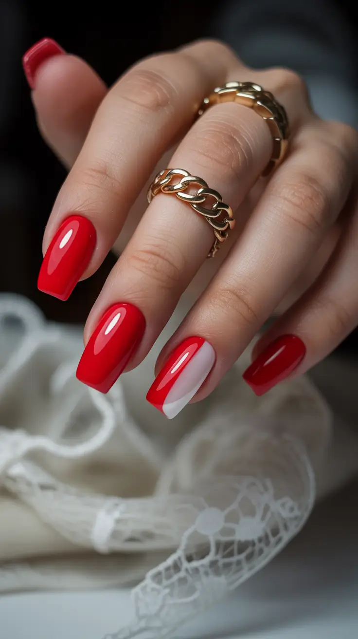 Cute Simple Nail Ideas for Christmas 2025 Bold Red with Soft Diagonal Accent