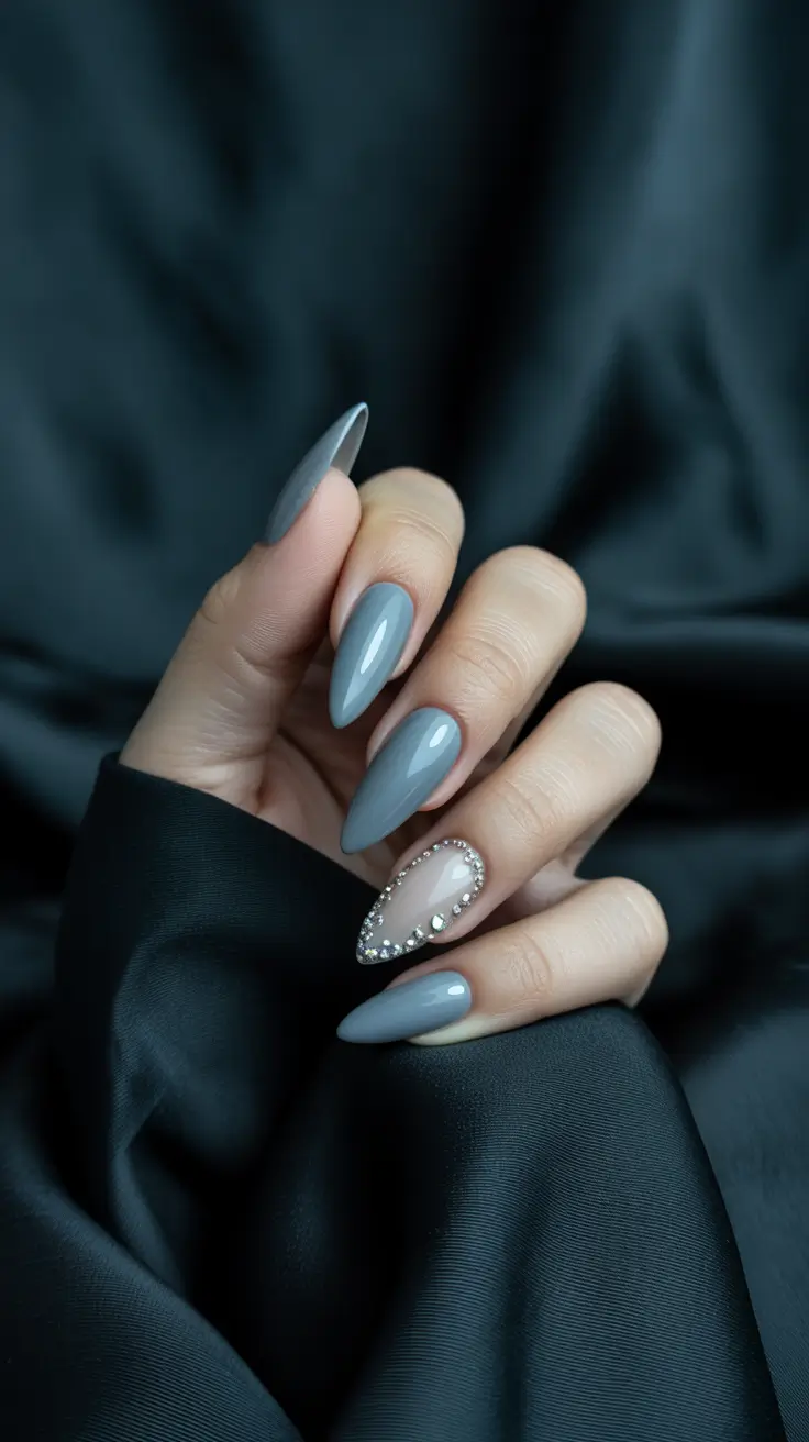 Cute Simple Nail Ideas for Christmas 2025 Grey Glam with Crystal Accent