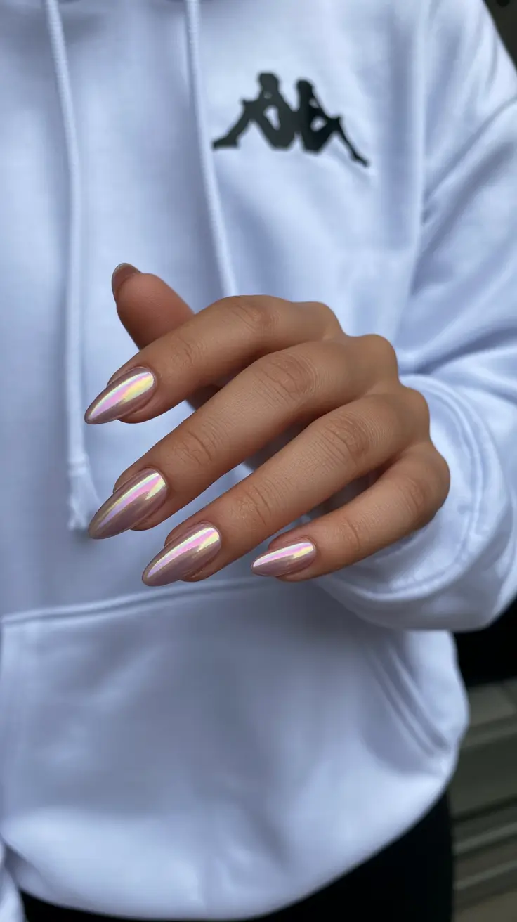 Cute Simple Nail Ideas for Christmas 2025 Soft Pink Chrome Glow