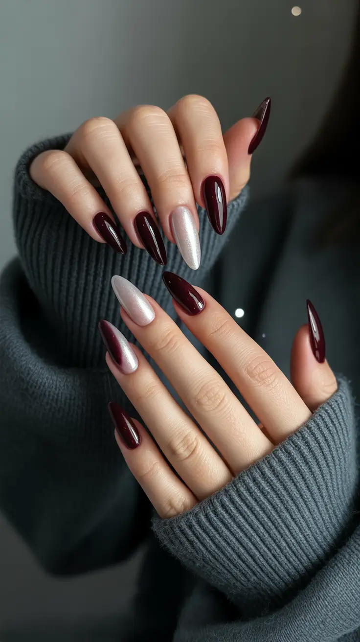 Cute Simple Nail Ideas for Christmas 2025 Burgundy & Silver Elegance