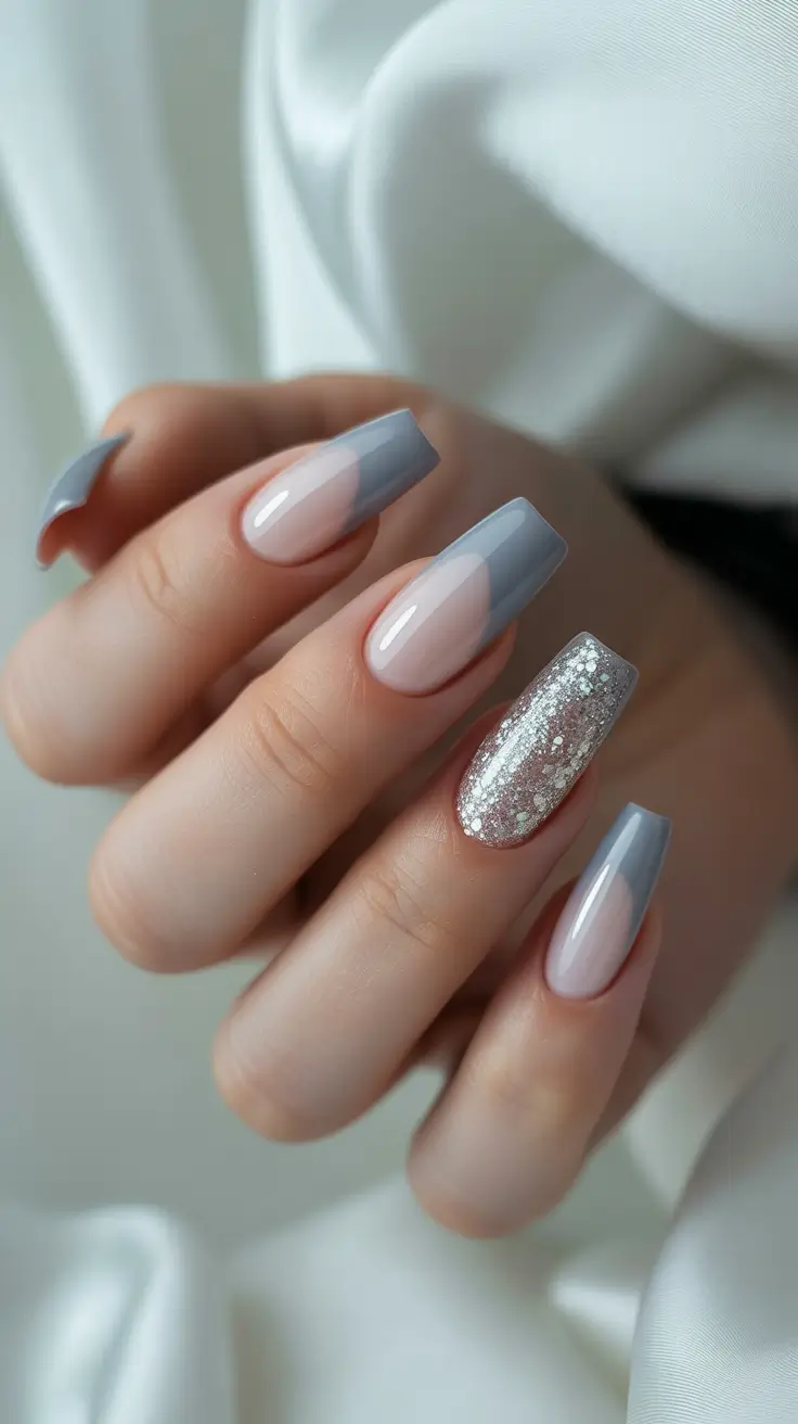 Cute Simple Nail Ideas for Christmas 2025 Silver Frost & Smoky Blue Grace
