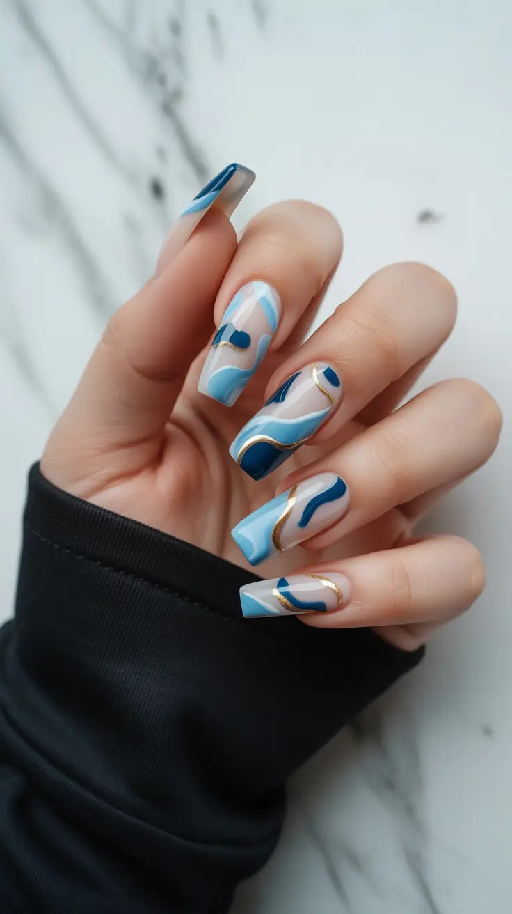 Cute Simple Nail Ideas for Christmas 2025 Frosted Blue Waves