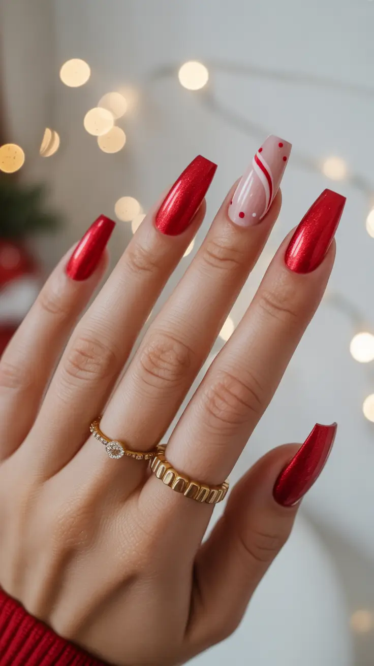 Cute Simple Nail Ideas for Christmas 2025 Festive Red Sparkle & Candy Stripe