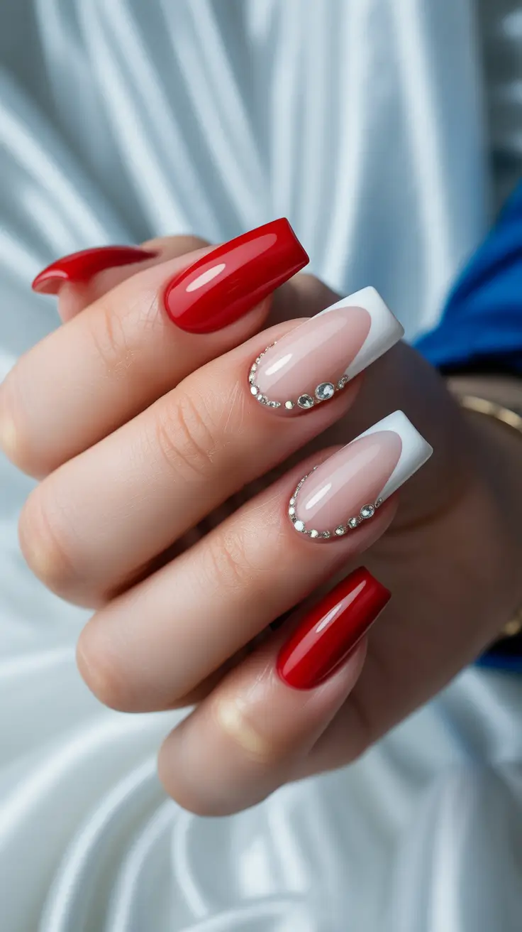 Easy Nail Trends Christmas 2025 Glam Red & Crystal Accent