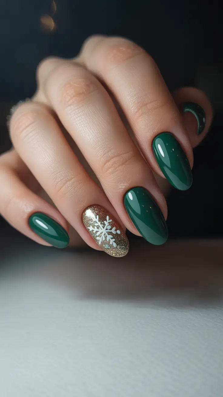 Easy Nail Trends Christmas 2025 Emerald & Gold Snowflake Magic