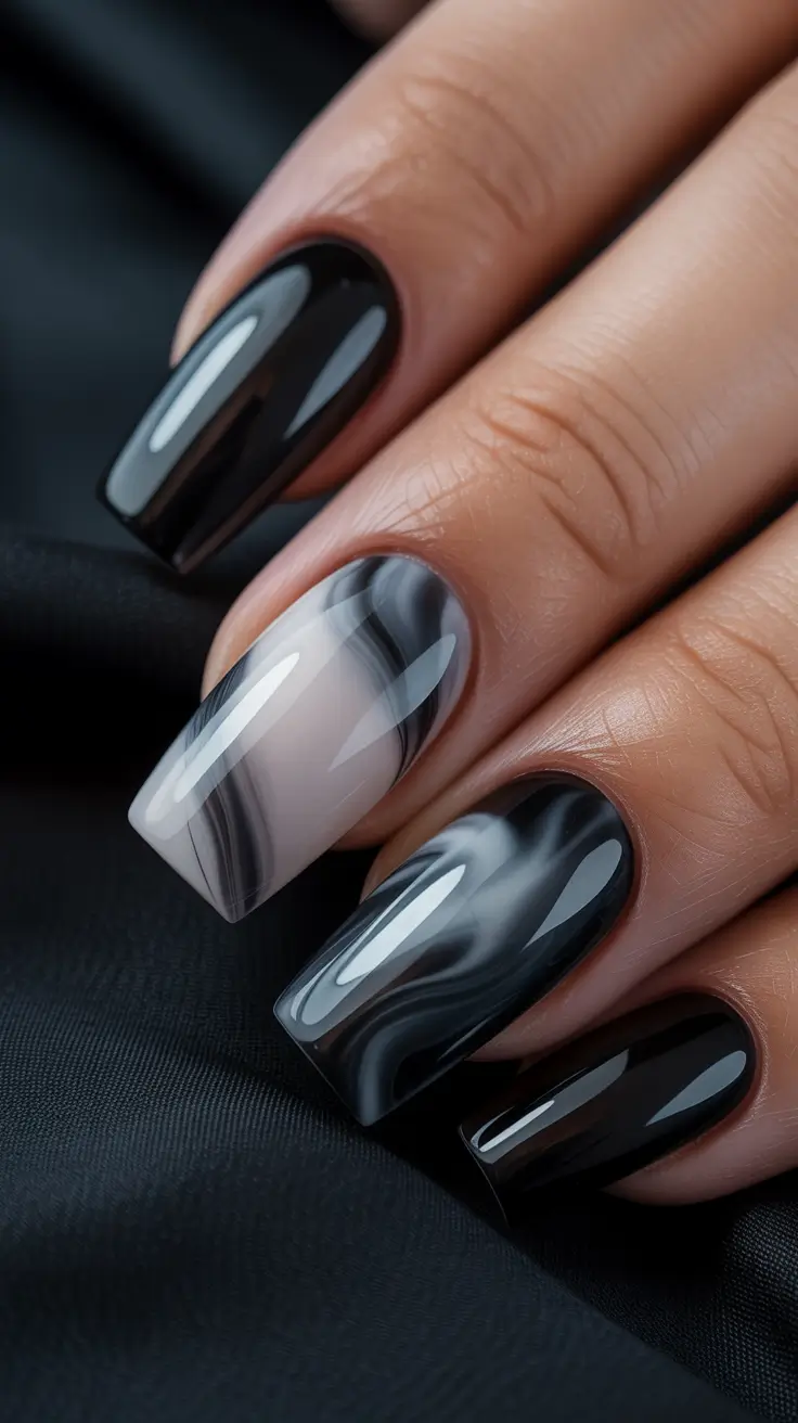 Easy Nail Trends Christmas 2025 Marble Midnight Elegance