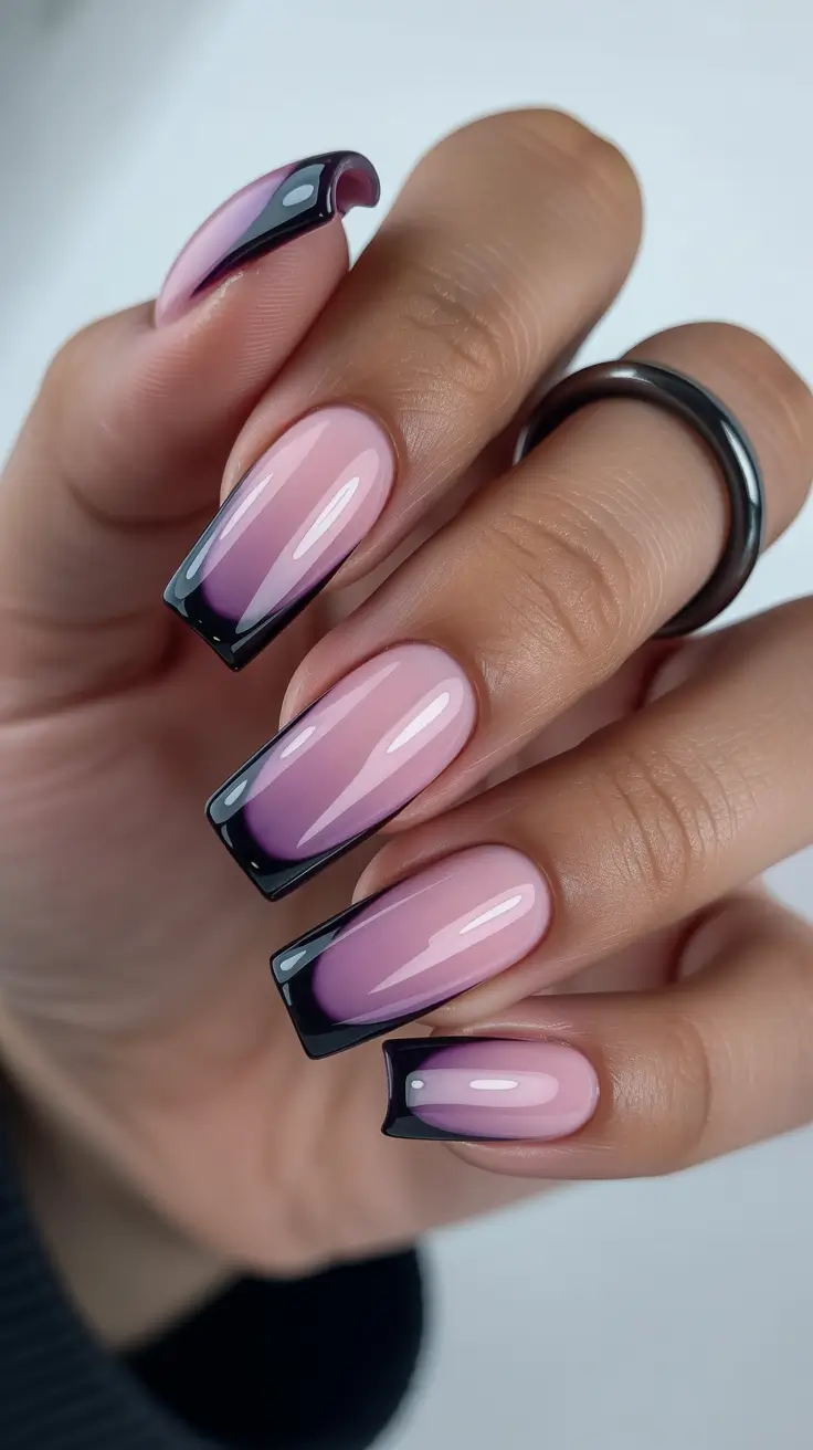 Easy Nail Trends Christmas 2025 Deep Plum & Black Aura Tips