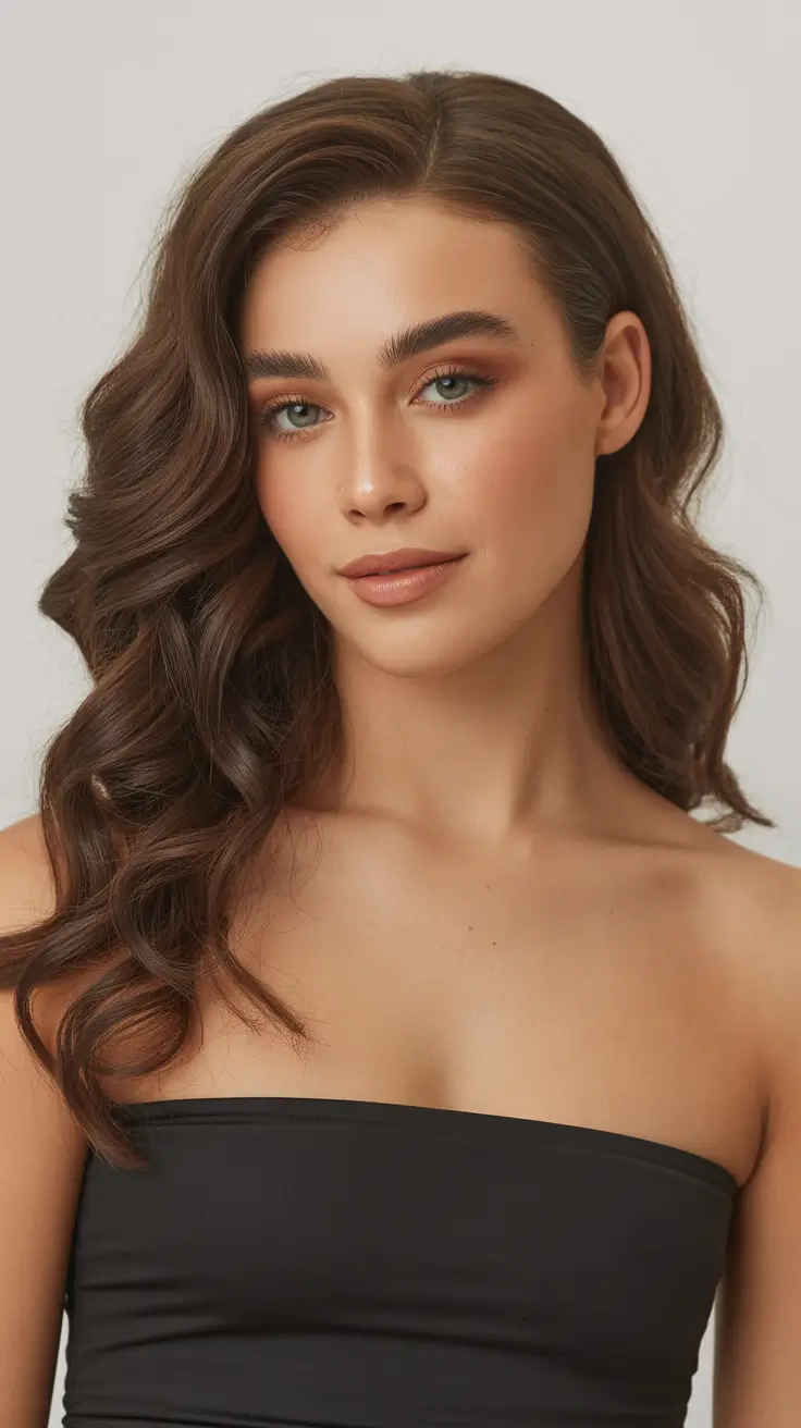 Formal Hairstyles Winter 2025-2026 Guide Soft Chocolate Waves with a Strapless Dress