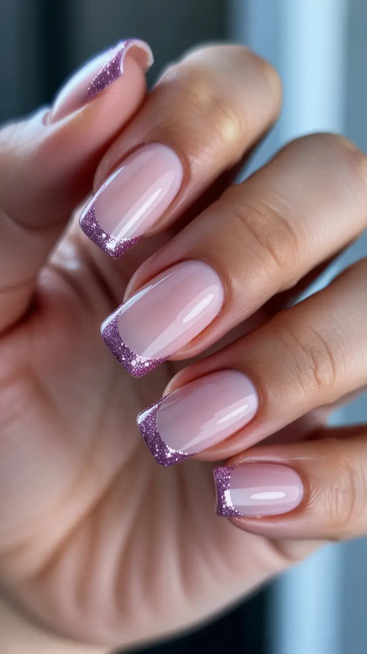 French Nail Ideas for Winter 2025-2026 Frosted Lilac Sparkle