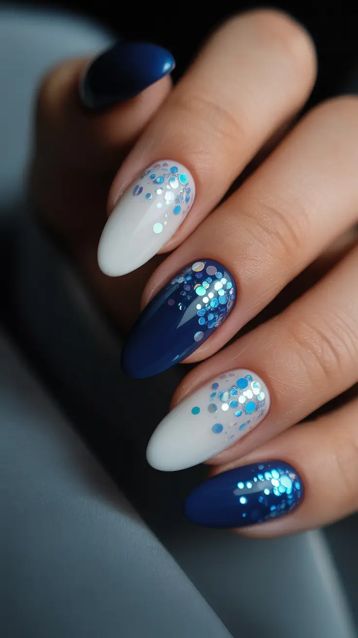 Fresh Almond Nail Inspiration Winter 2025-2026 Blue Frost Confetti