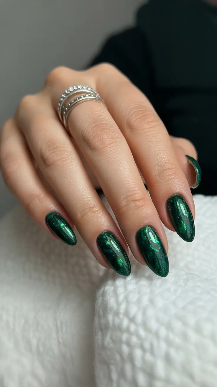 Fresh Almond Nail Inspiration Winter 2025-2026 Emerald Mirror Glow
