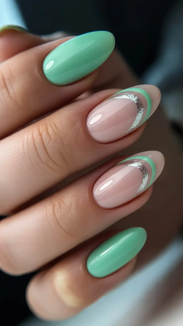Fresh Almond Nail Inspiration Winter 2025-2026 Mint Silver Illusion