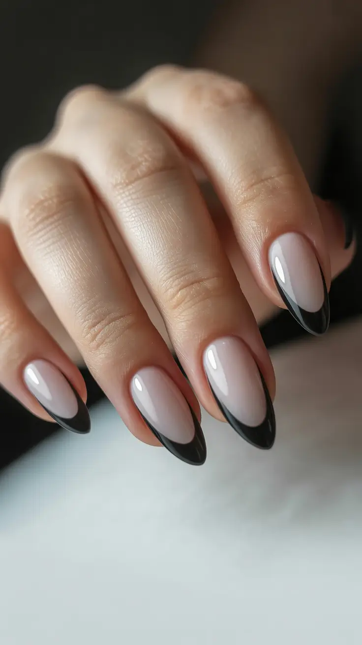 Fresh Almond Nail Inspiration Winter 2025-2026 Black French Edge