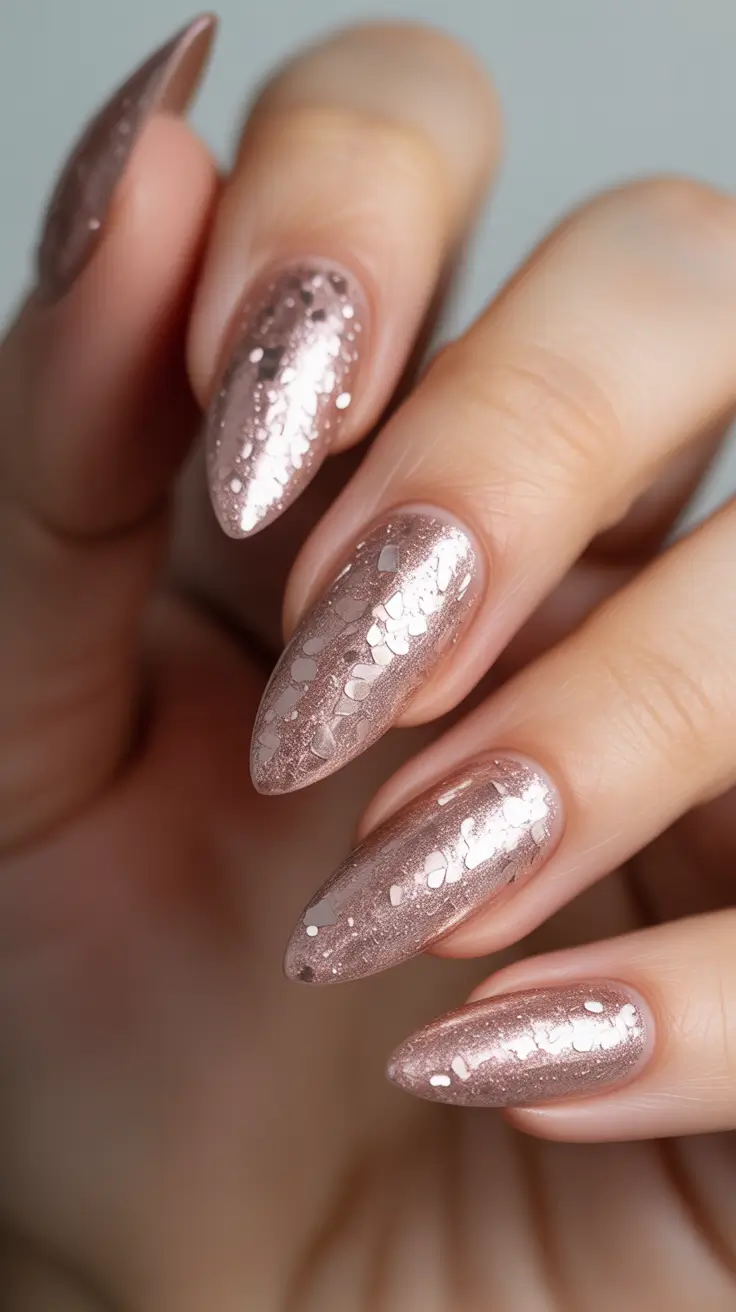 Fresh Almond Nail Inspiration Winter 2025-2026 Rose Gold Shimmer Touch