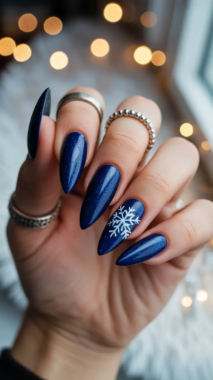 Fresh Almond Nail Inspiration Winter 2025-2026 Midnight Snowflake Charm