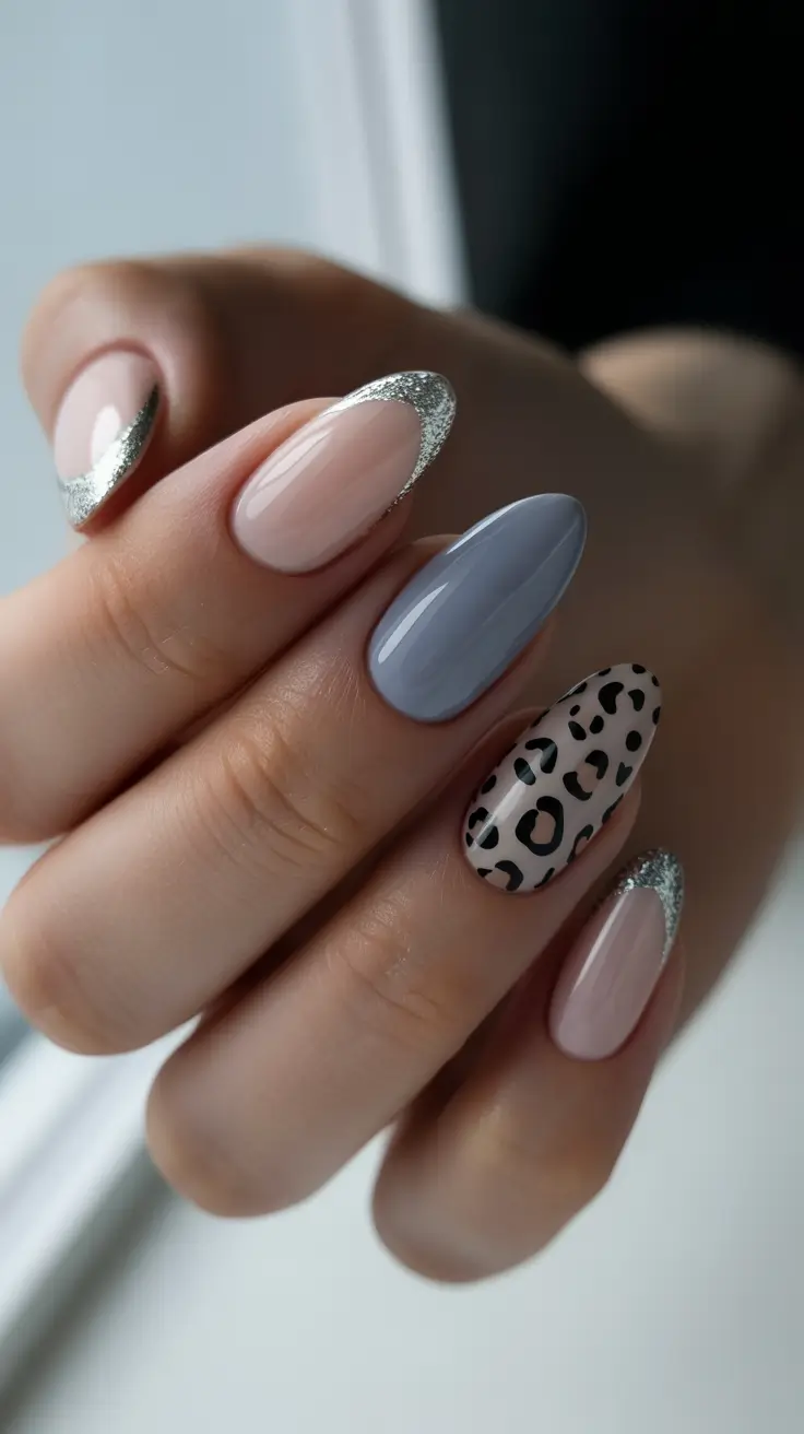 Fresh Almond Nail Inspiration Winter 2025-2026 Silver Accent & Soft Leopard