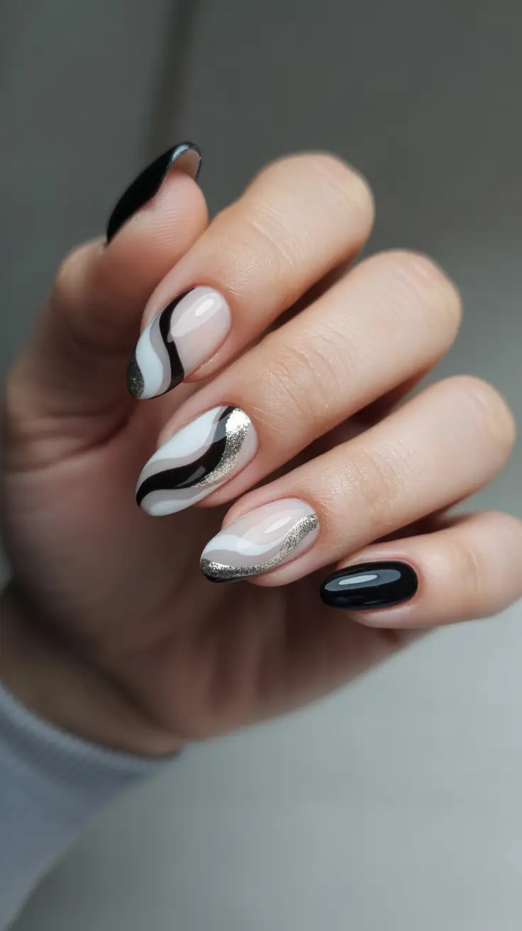 Fresh Almond Nail Inspiration Winter 2025-2026 Monochrome Swirl Drama