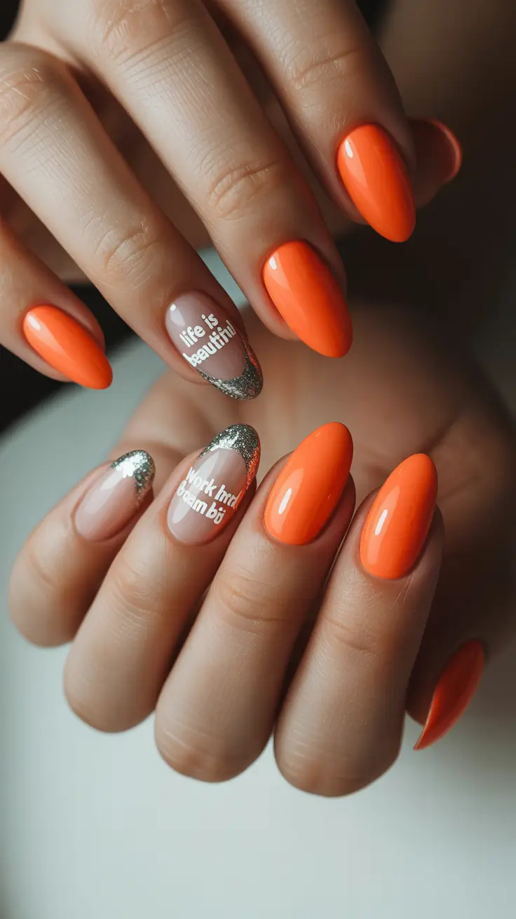 Gel Nail Trends Christmas 2025 Orange Glow & Silver Tips