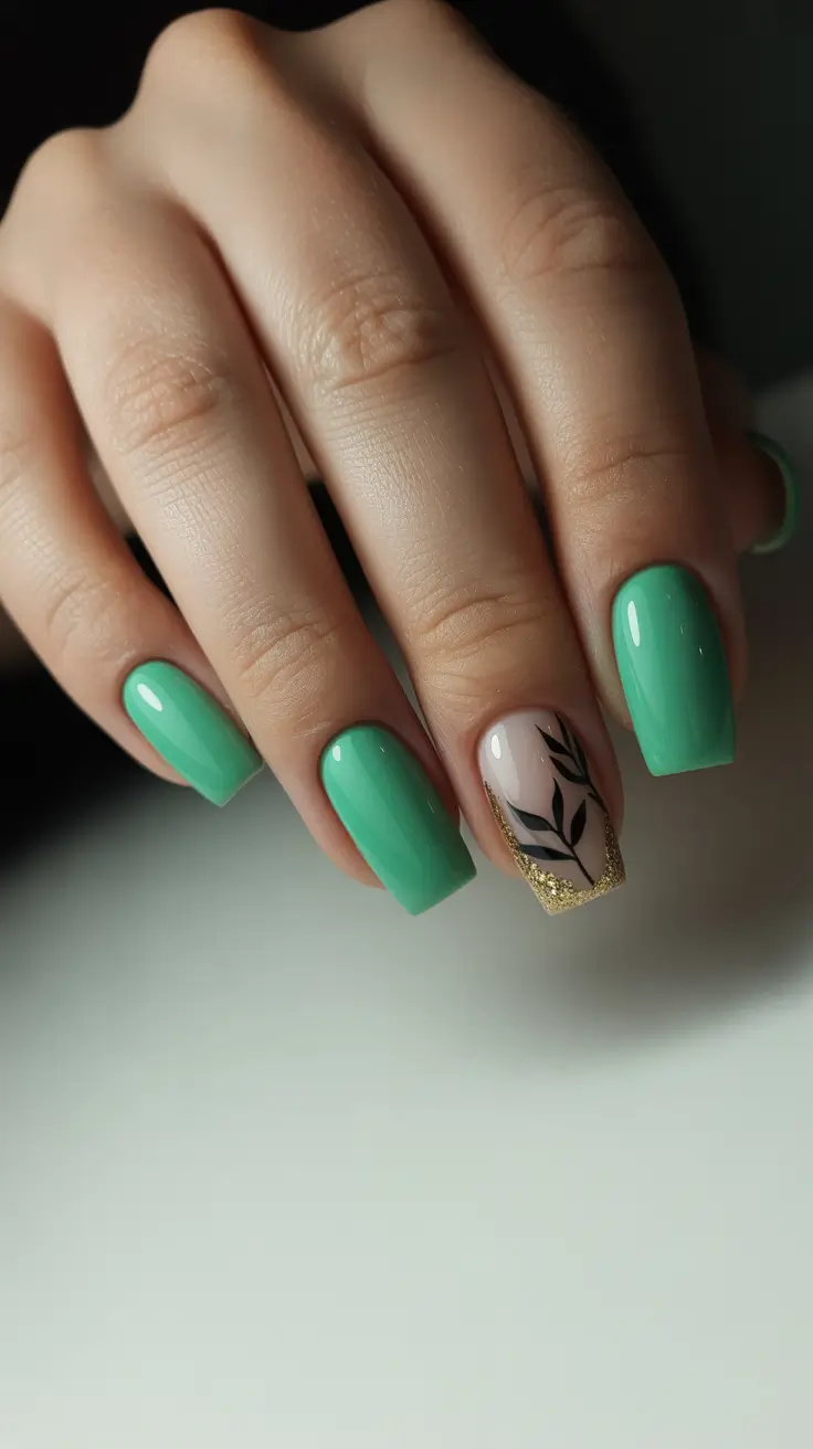 Gel Nail Trends Christmas 2025 Emerald Leaf Accent