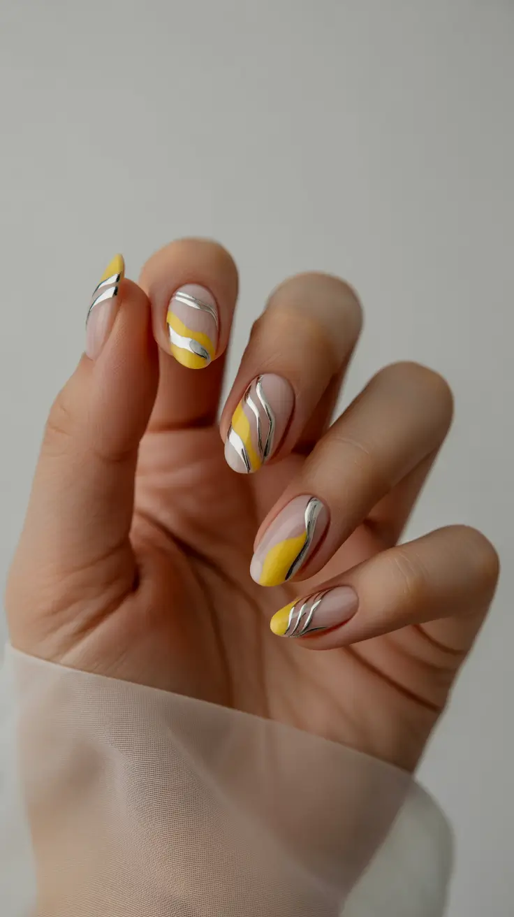 Gel Nail Trends Christmas 2025 Silver Sunrise Swirls