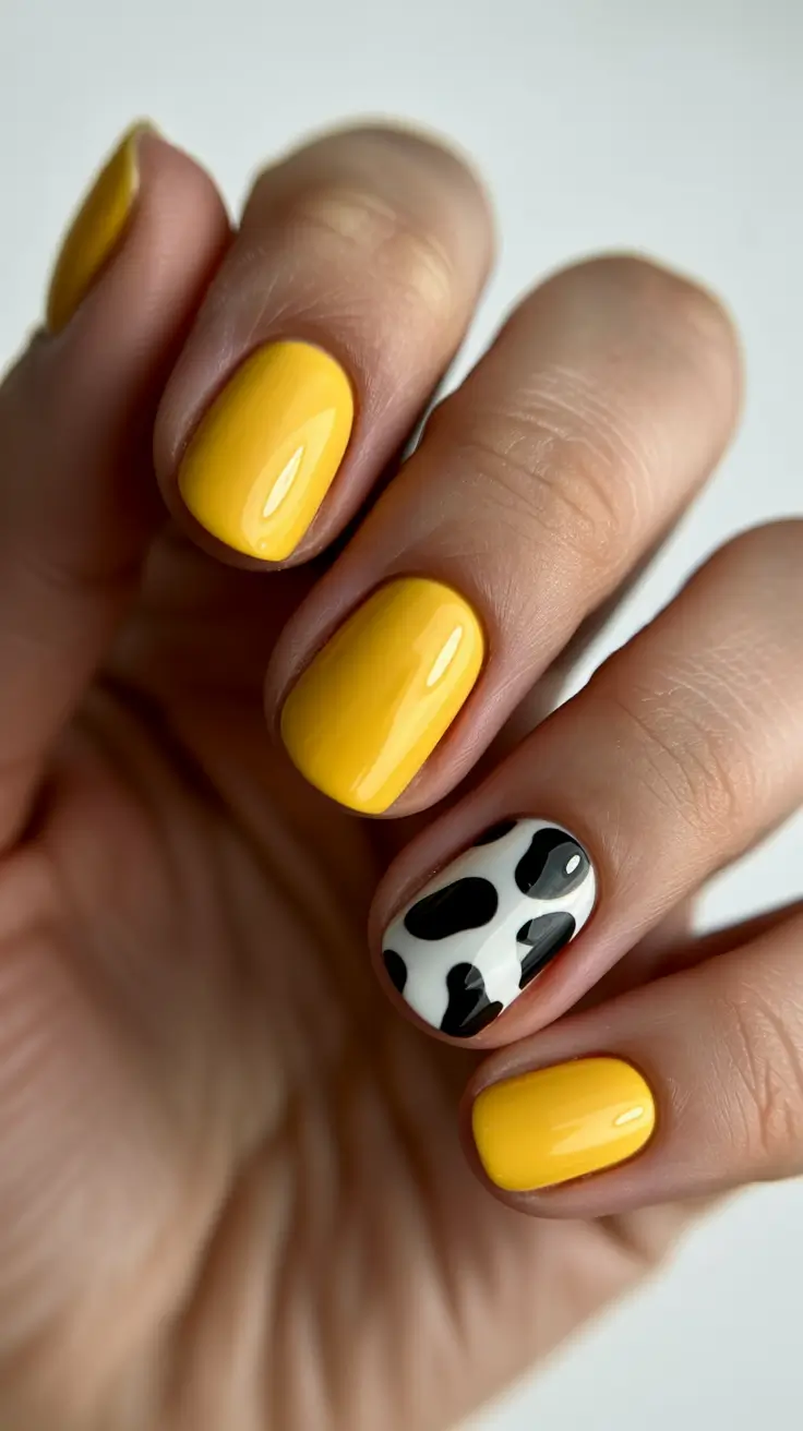 Gel Nail Trends Christmas 2025 Yellow Glow with Cow Print Twist