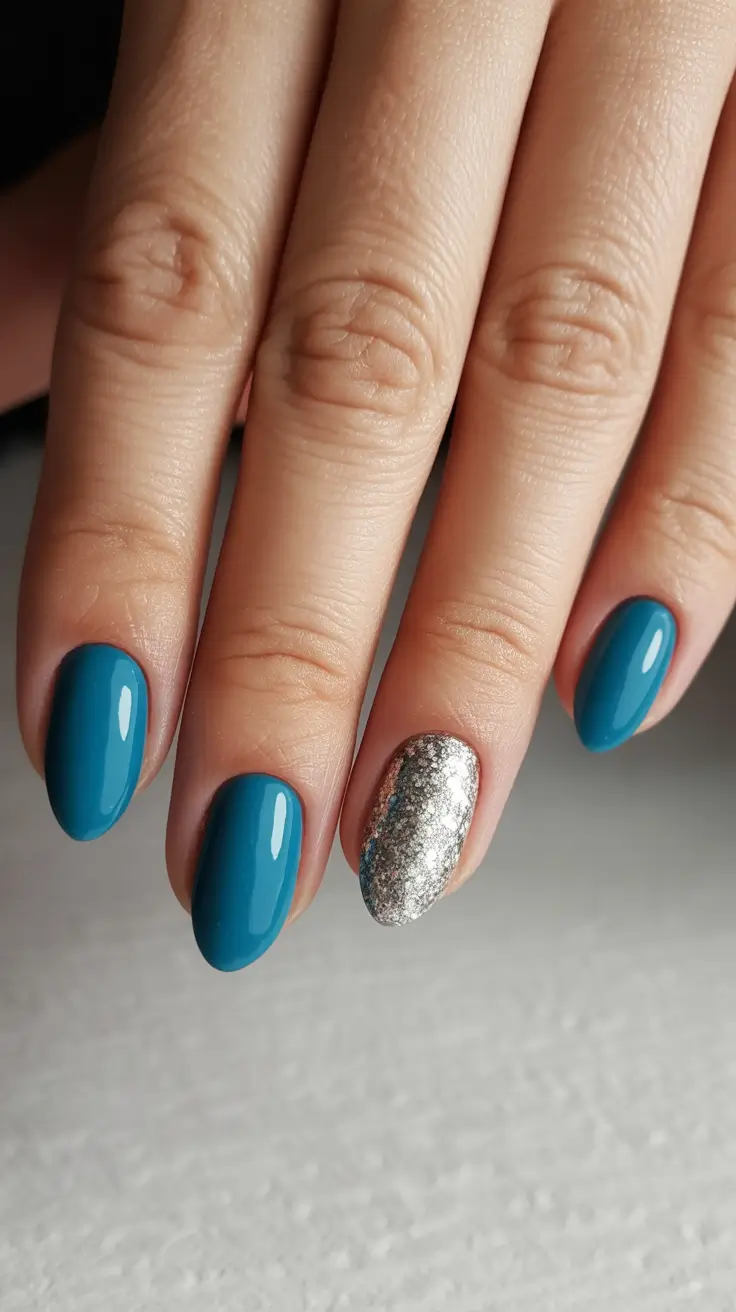 Gel Nail Trends Christmas 2025 Teal and Silver Frostbite