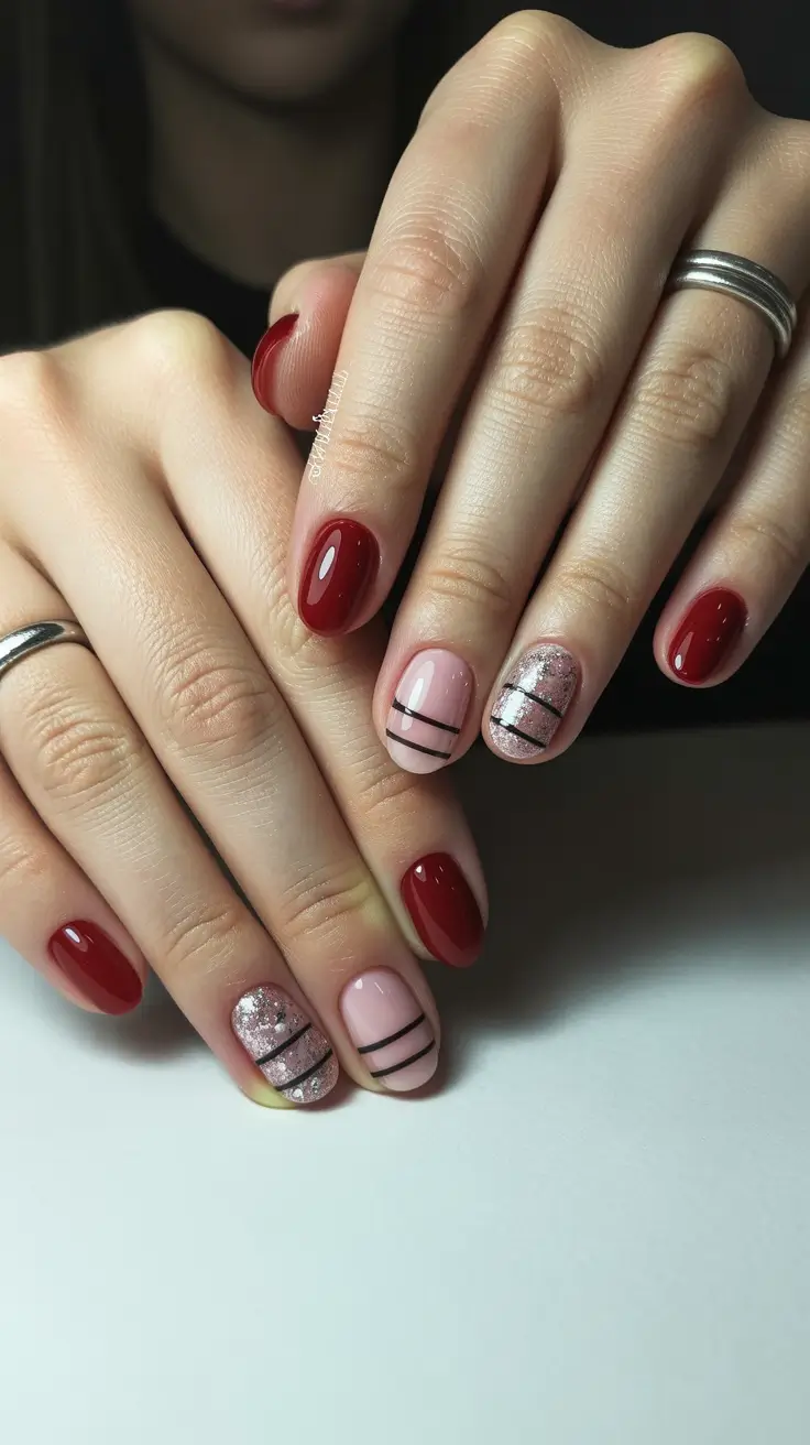 Gel Nail Trends Christmas 2025 Glam Burgundy Stripes