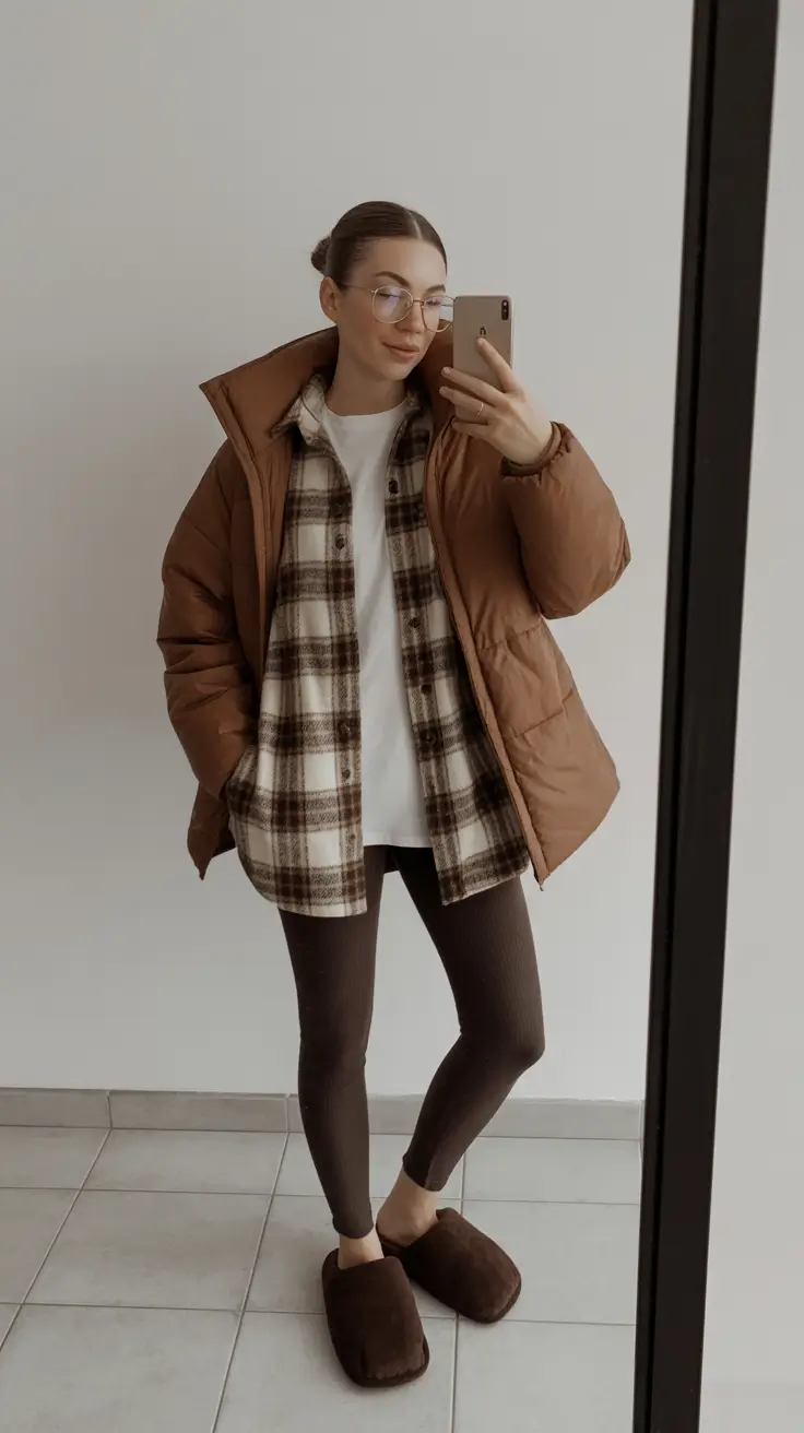 legging outfits ideas 2026 Layered Browns and Cozy Checks
