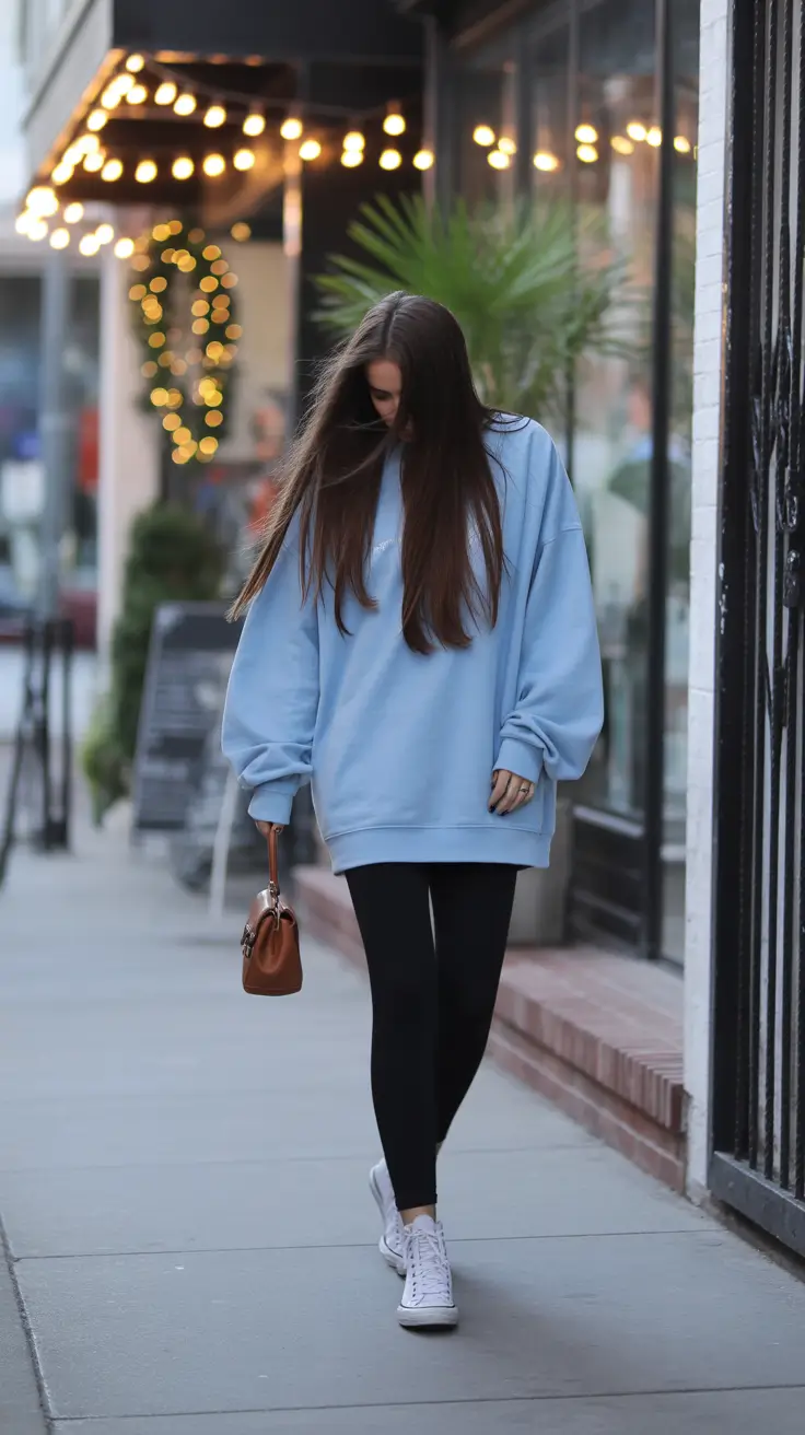legging outfits ideas 2026 Soft Blue and City Lights