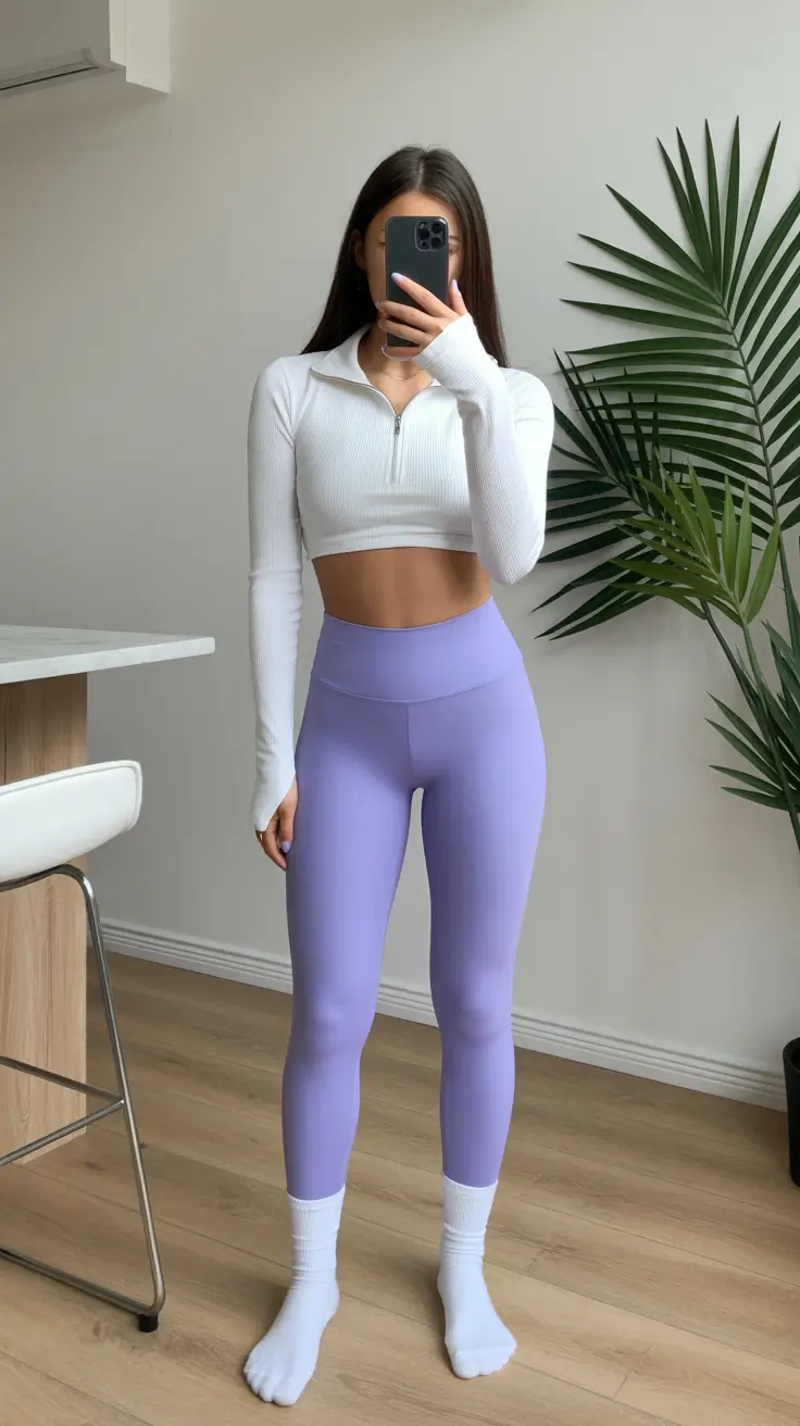 legging outfits ideas 2026 Clean Lines in Lavender and White