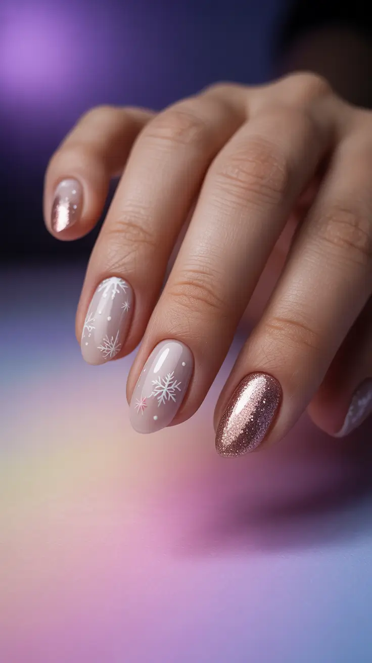 Modern Christmas Nails 2025 Rose Gold Snowfall