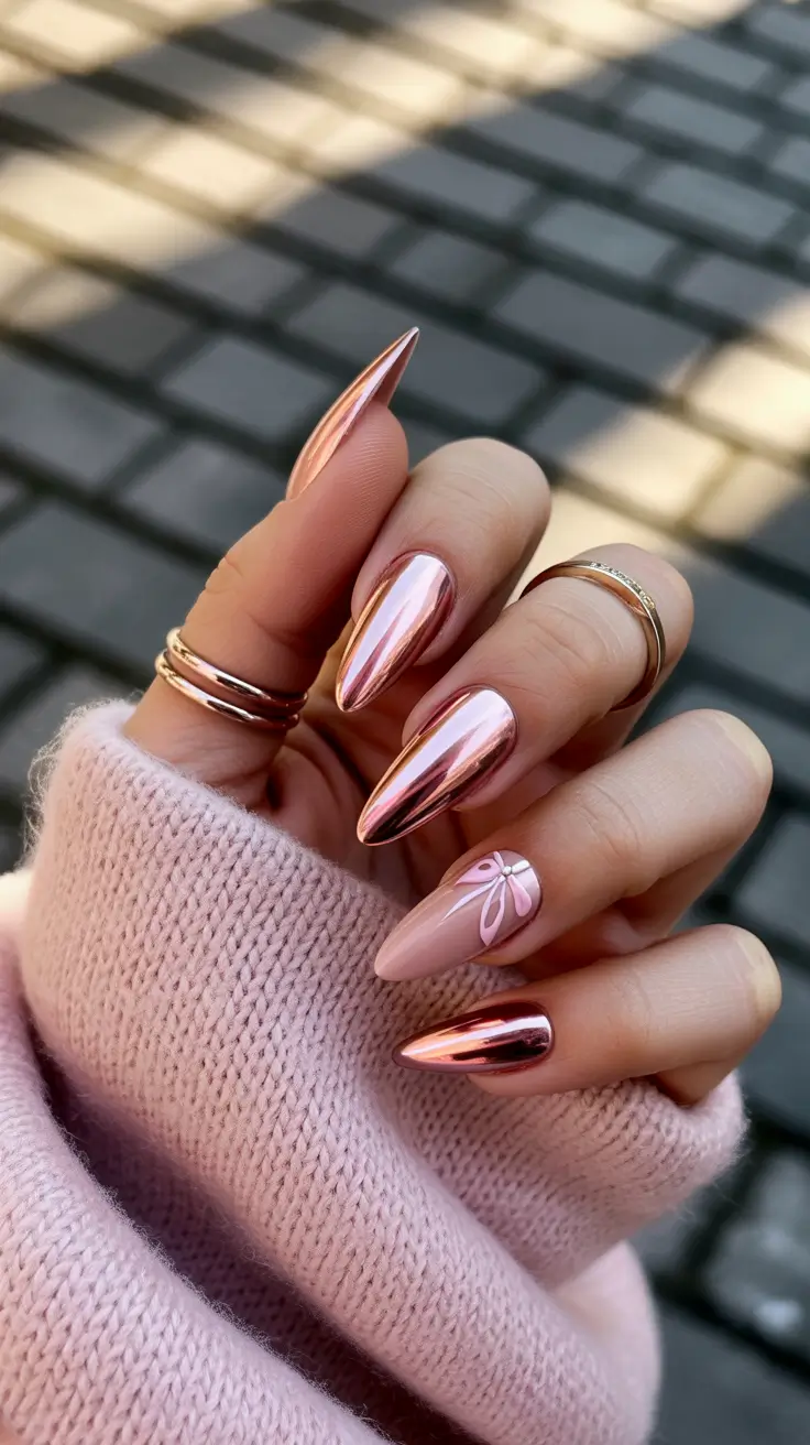 Modern Christmas Nails 2025 Rose Chrome Magic