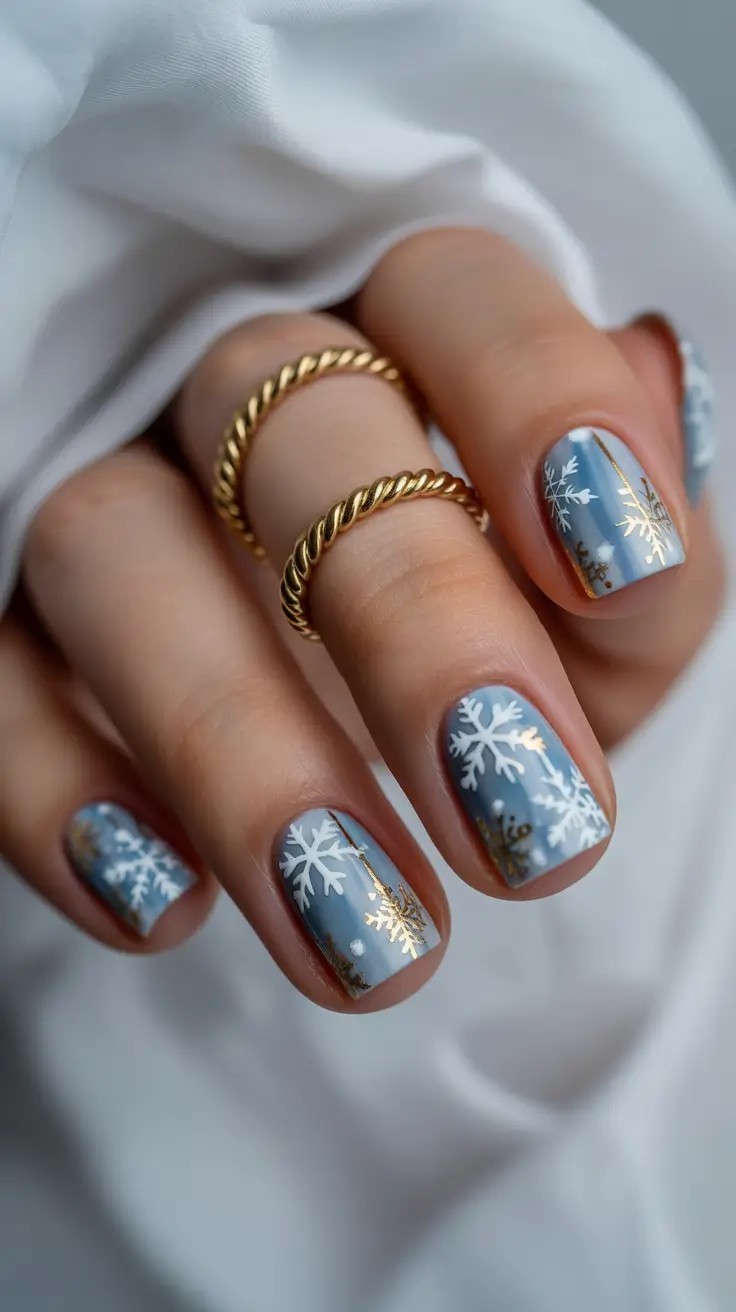 Modern Christmas Nails 2025 Snowflake Blues with Golden Frost