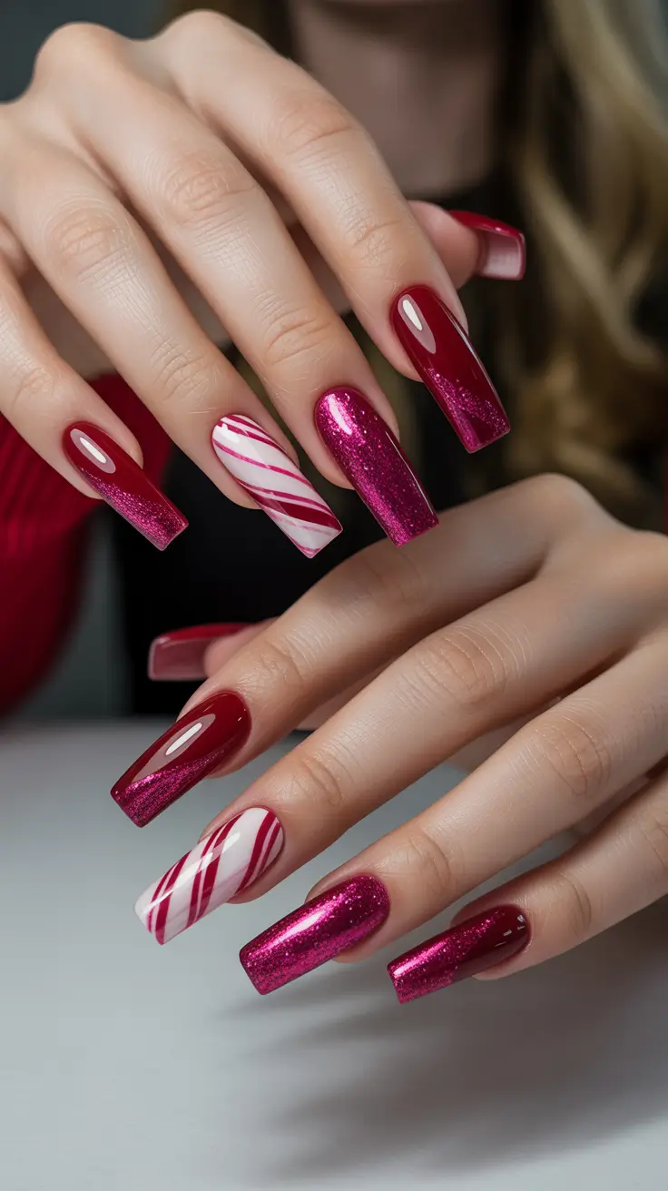 Modern Christmas Nails 2025 Crimson Candy Swirl