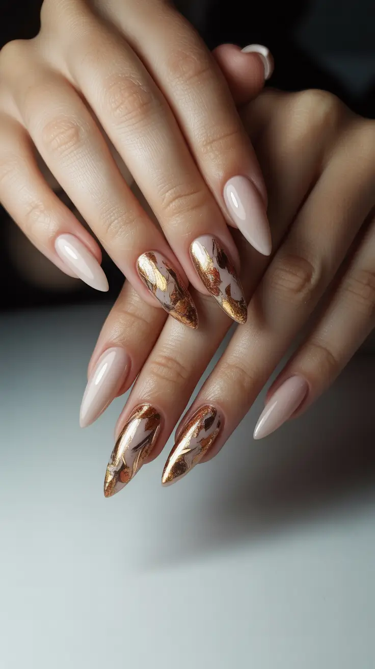 Modern Christmas Nails 2025 Golden Leaf Glamour