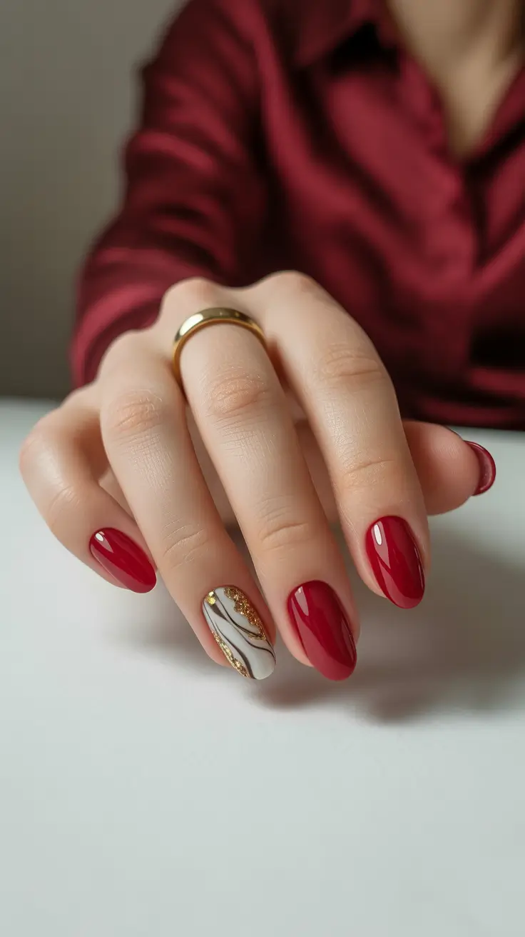 Modern Christmas Nails 2025 Velvet Red with Gold Marble Accent