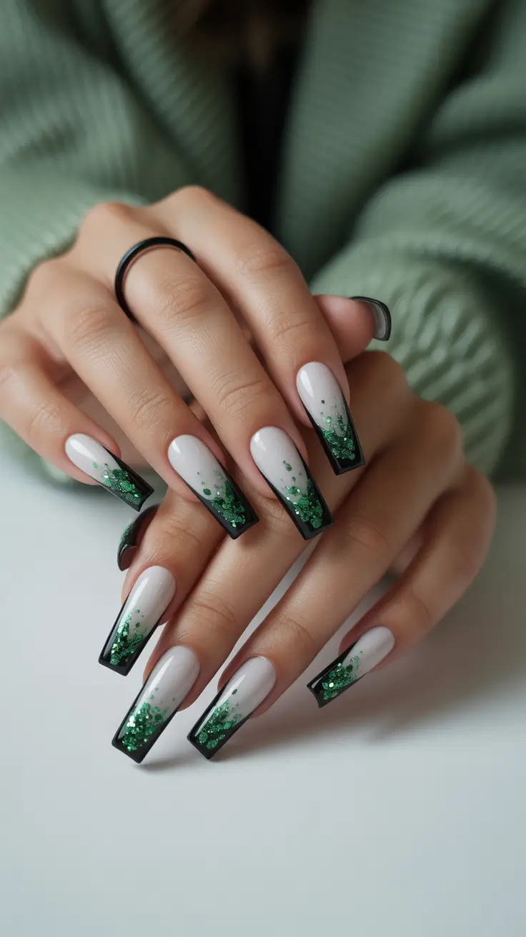 Modern Christmas Nails 2025 Emerald Sparkle French