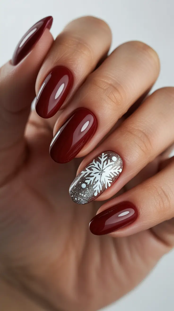 Modern Christmas Nails 2025 Cranberry Snowflake Glow