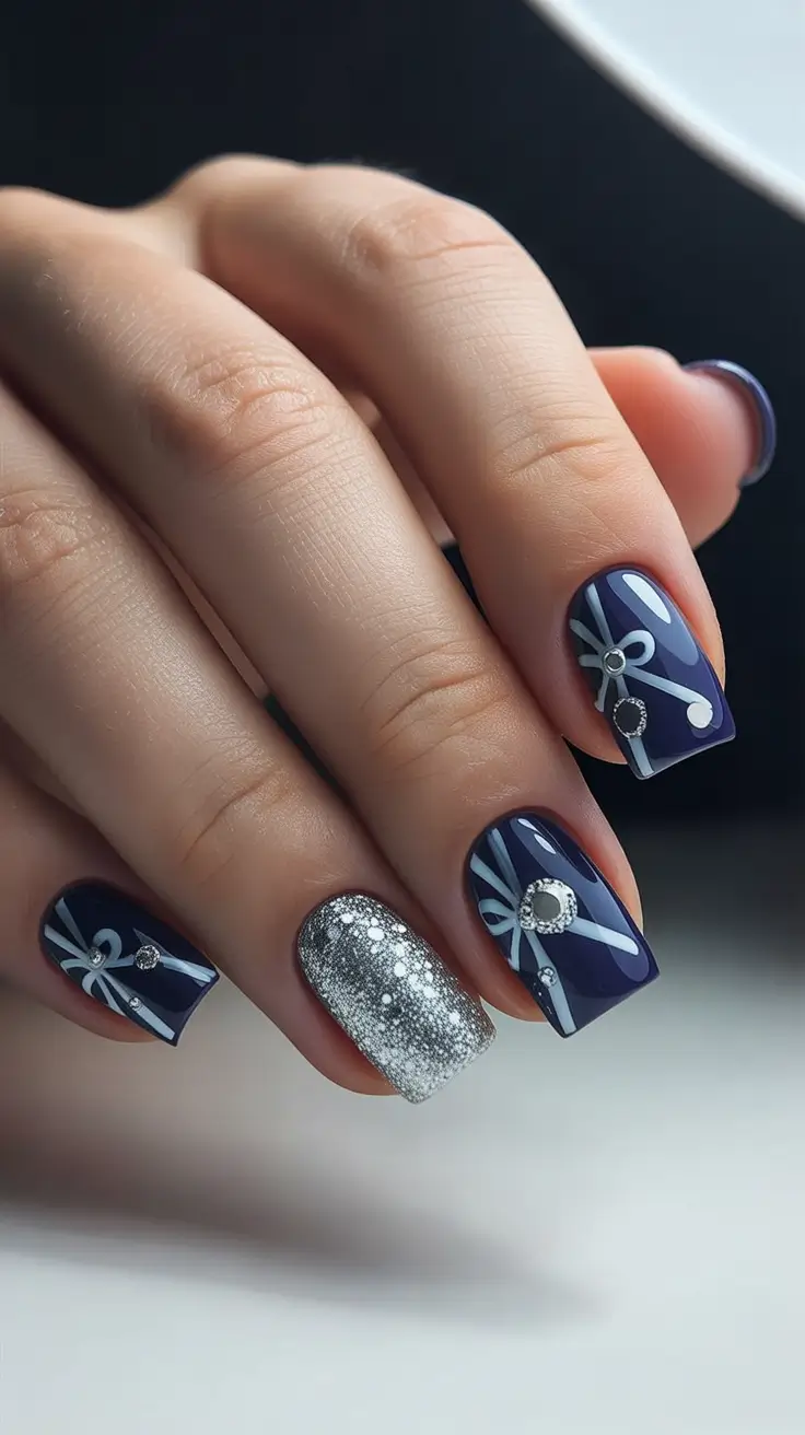 Modern Christmas Nails 2025 Midnight Ribbons and Silver Dreams