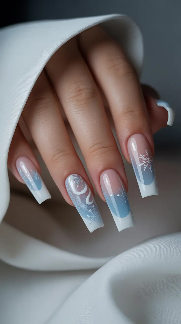 Modern Christmas Nails 2025 Frosted Blue French Fantasy